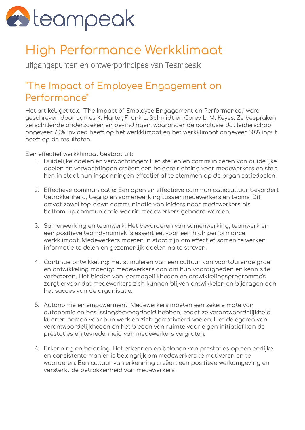 High Performance Werkklimaat Teampeak